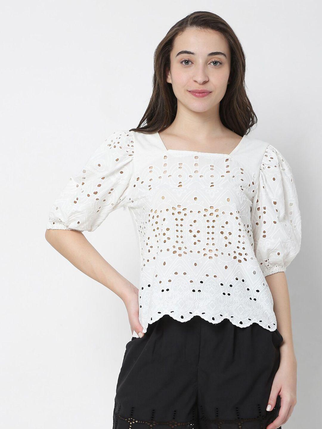 vero moda vm kristo white self design square neck puff sleeves top