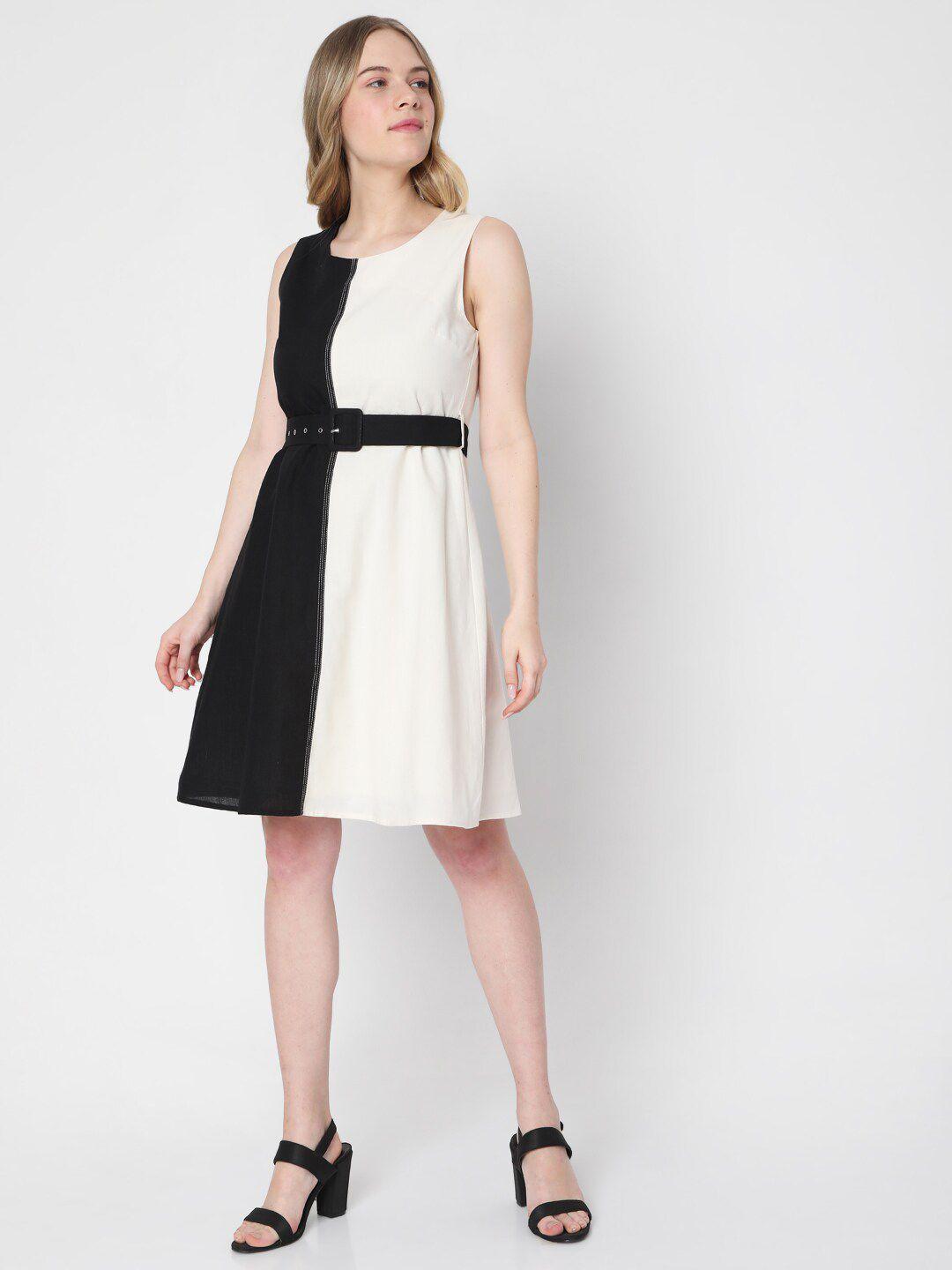 vero moda white & black colourblocked fit & flare cotton dress