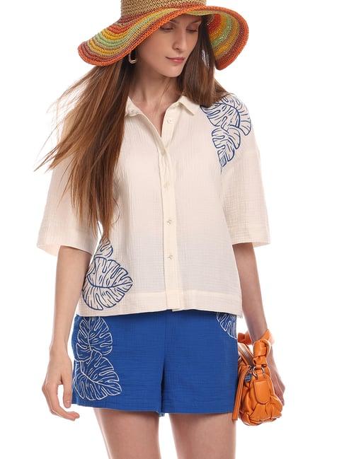 vero moda white & blue cotton embroidered shirt