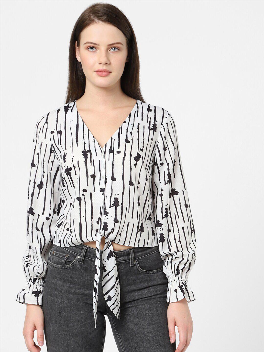 vero moda white abstract print bishop sleeves crop top