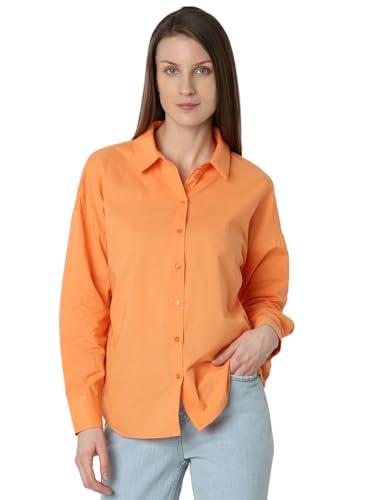 vero moda women's solid regular fit shirt (296899303- tangerine