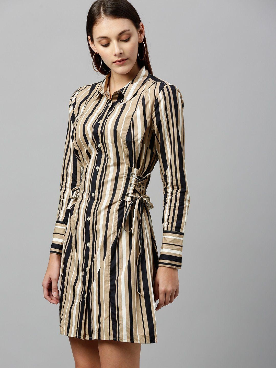 vero moda women beige & navy blue striped waist lace up shirt dress