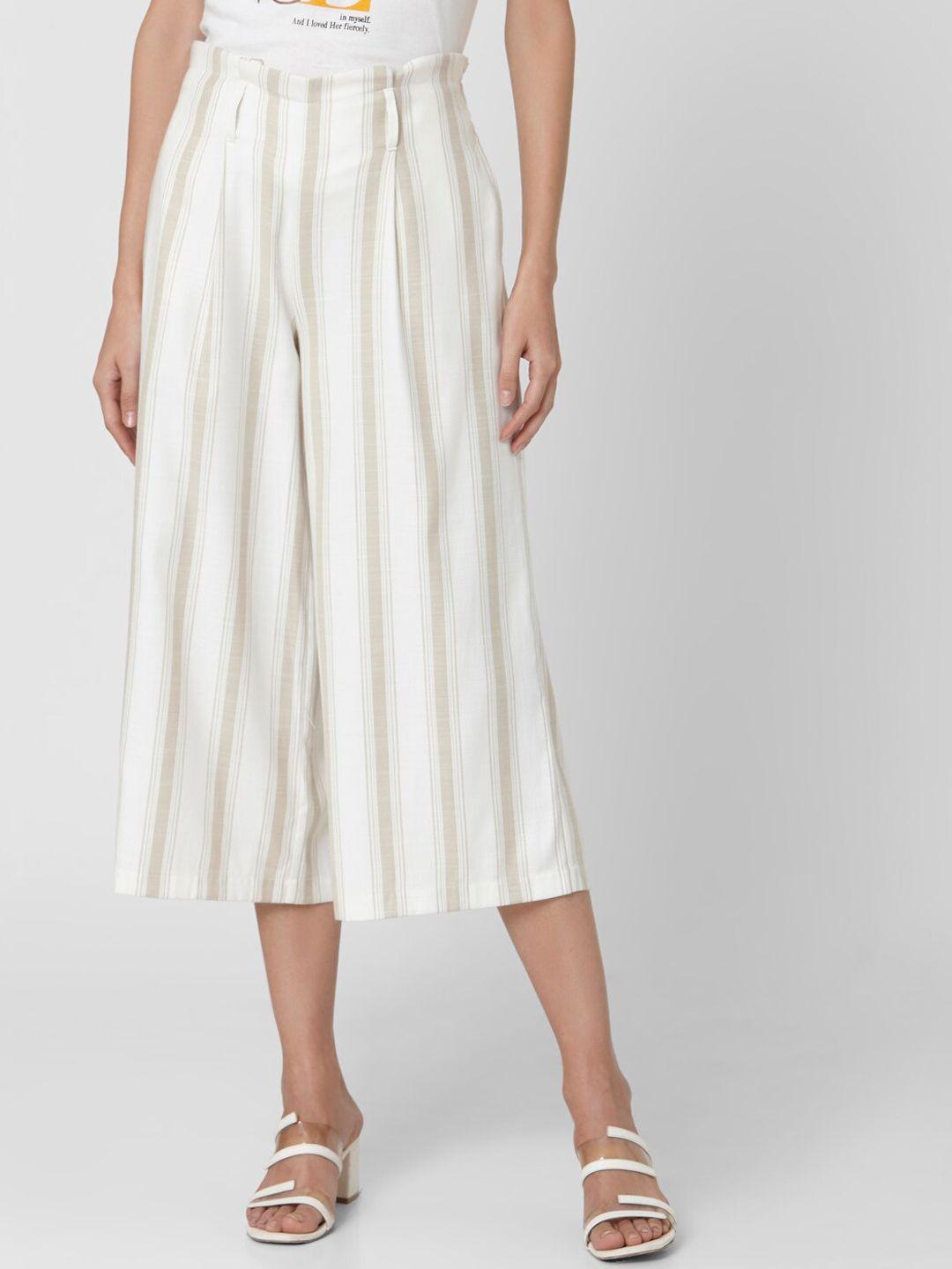 vero moda women beige & white regular fit striped culottes