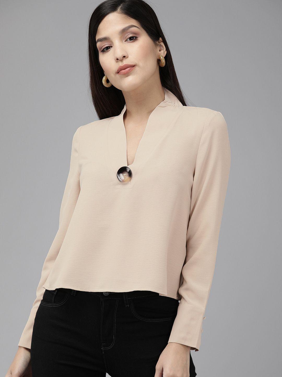 vero moda women beige solid top with button detail