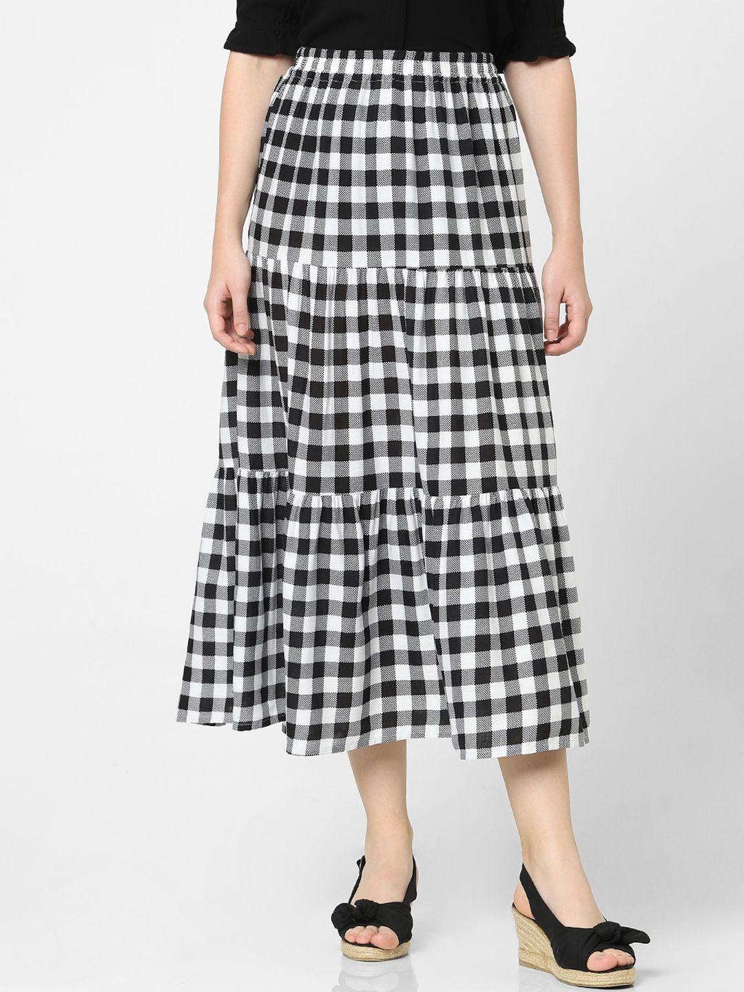 vero moda women black & white checked tiered midi skirt
