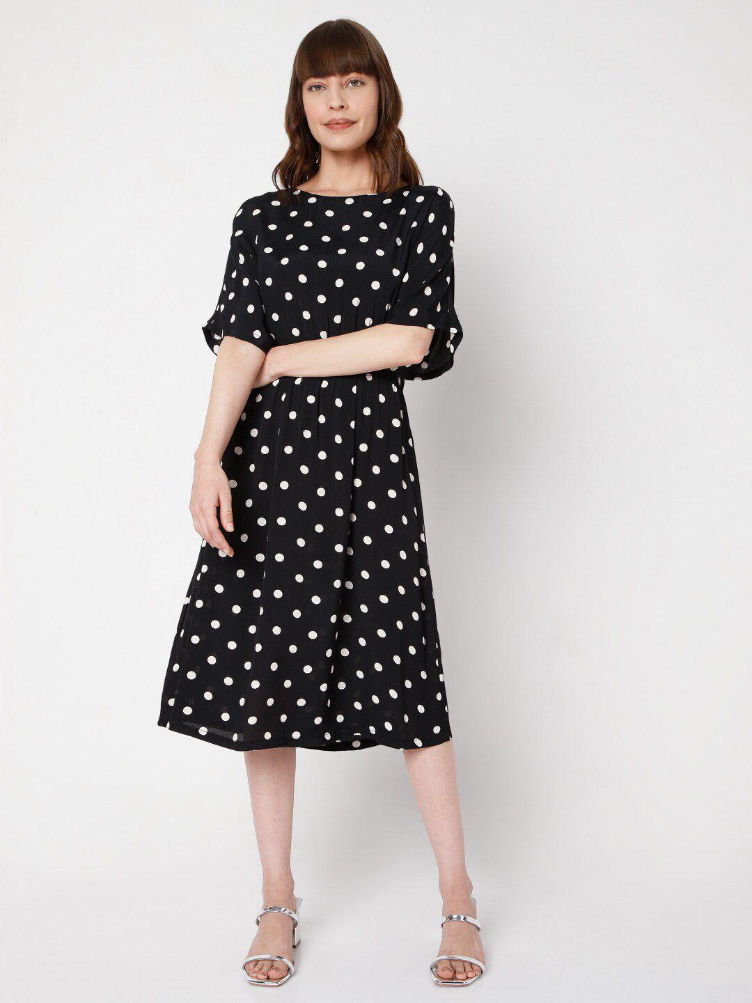 vero moda women black & white polka dots printed a-line dress