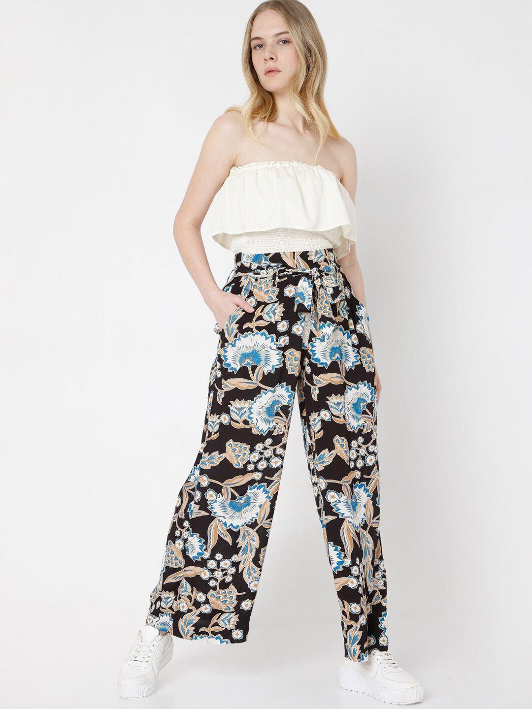 vero moda women black floral printed flared high-rise trousers