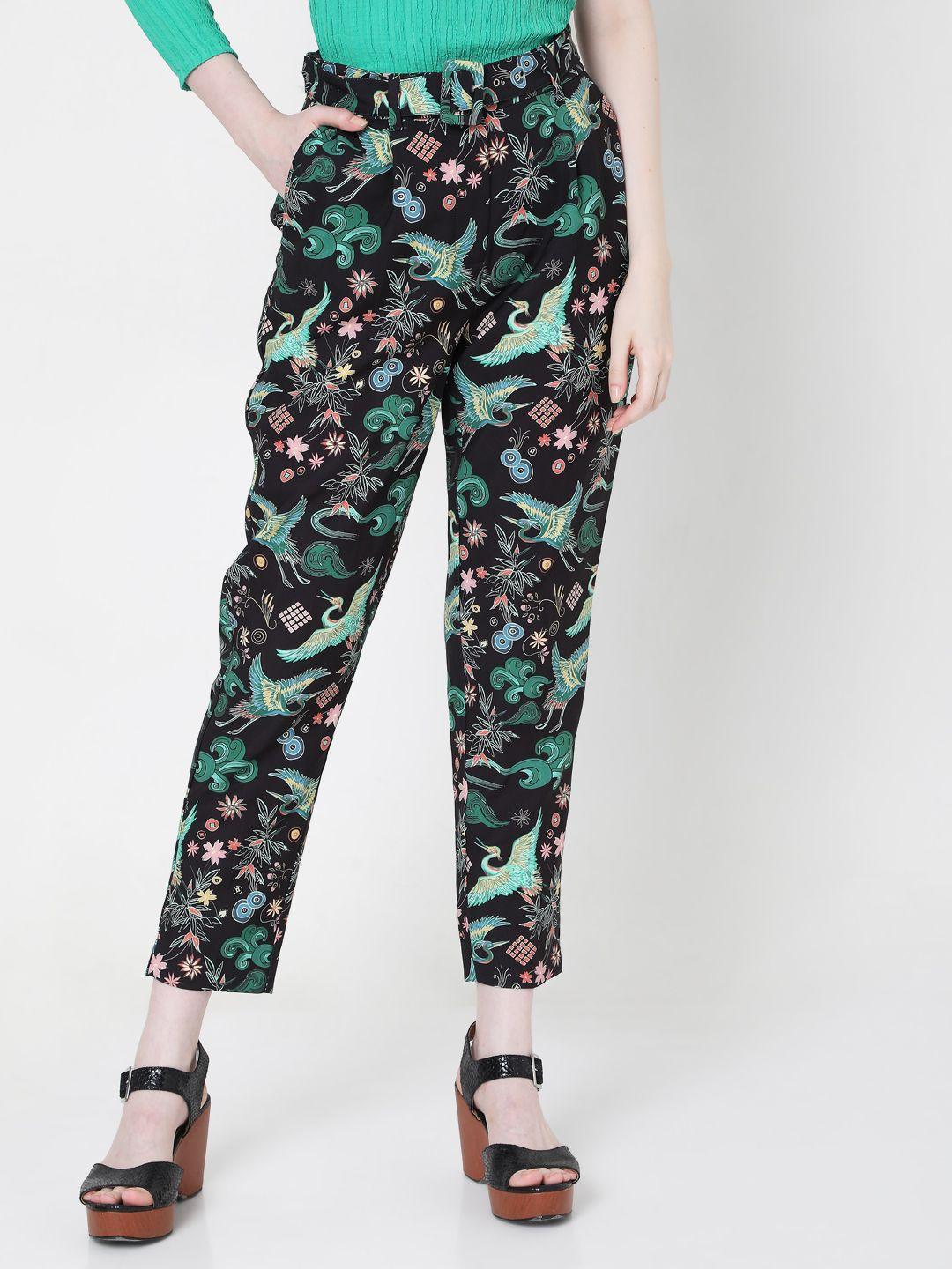 vero moda women black floral printed slim fit high-rise pleated trousers