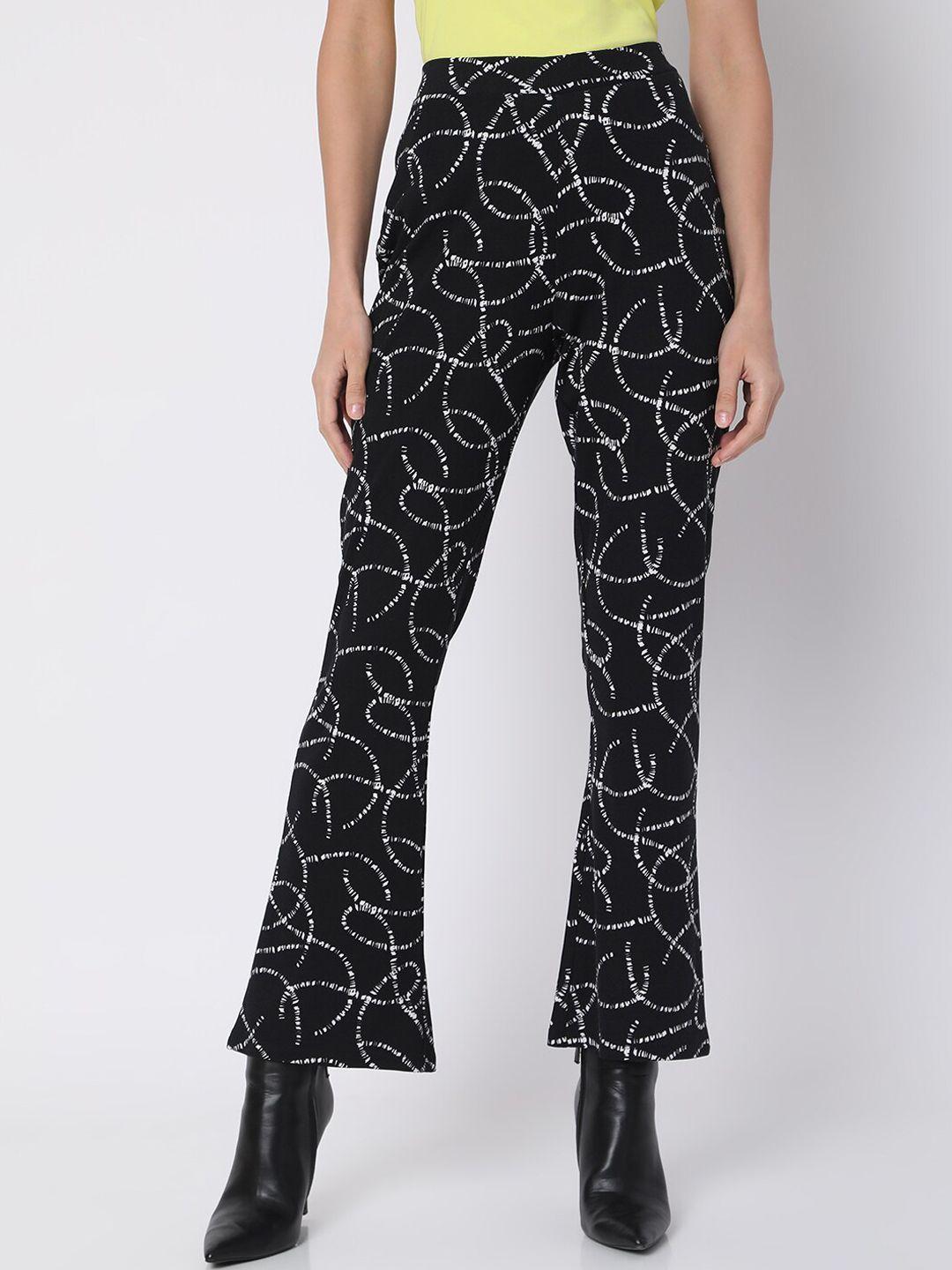 vero moda women black printed high-rise bootcut trousers