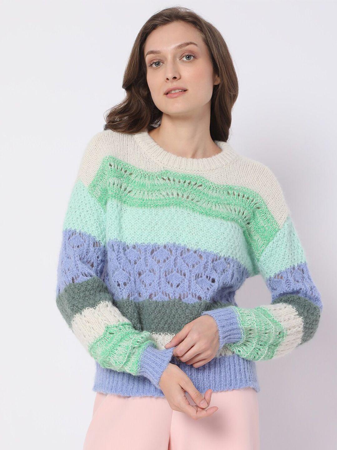 vero moda women blue & green colourblocked pullover