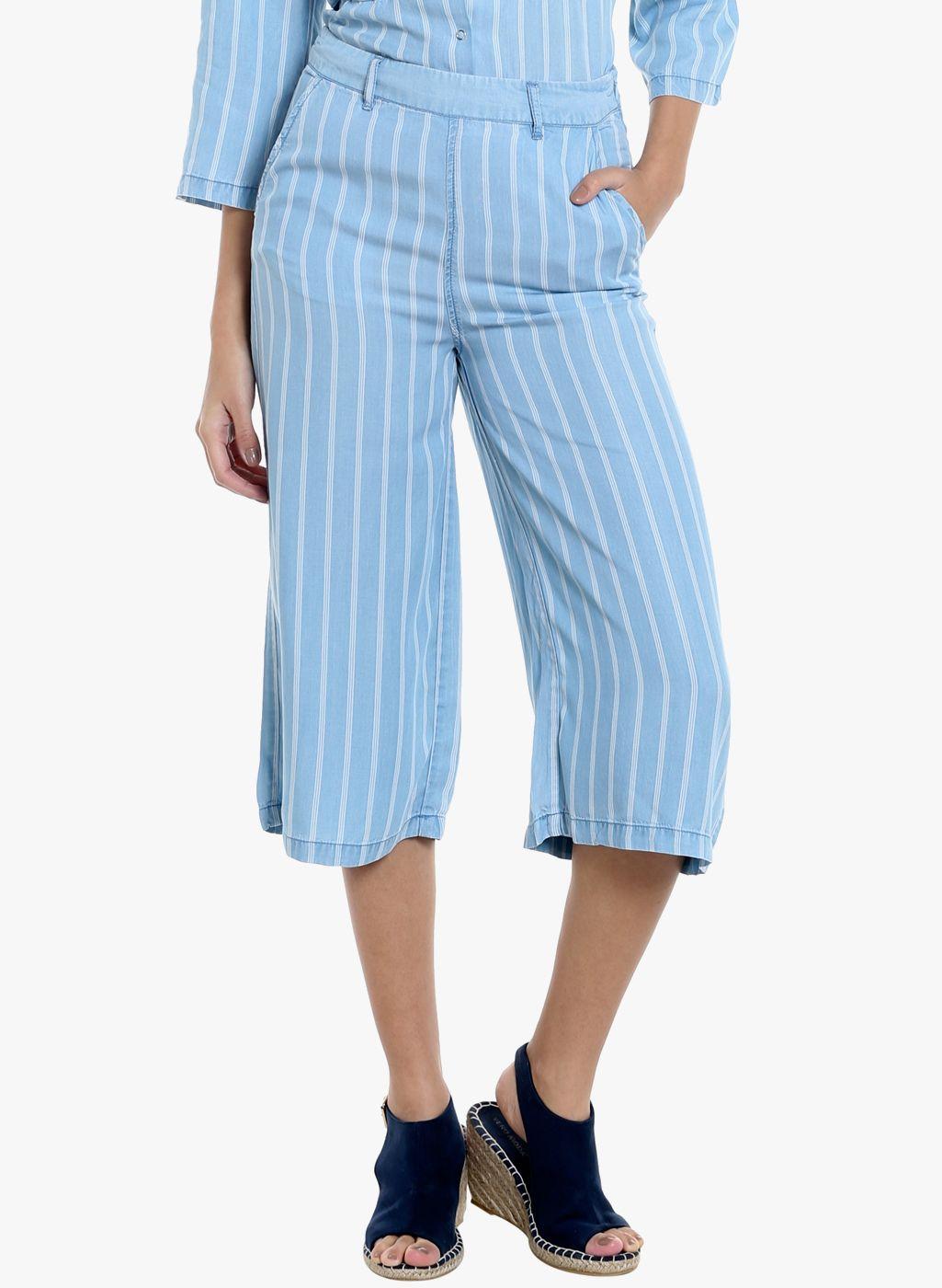 vero moda women blue & white flared striped culottes