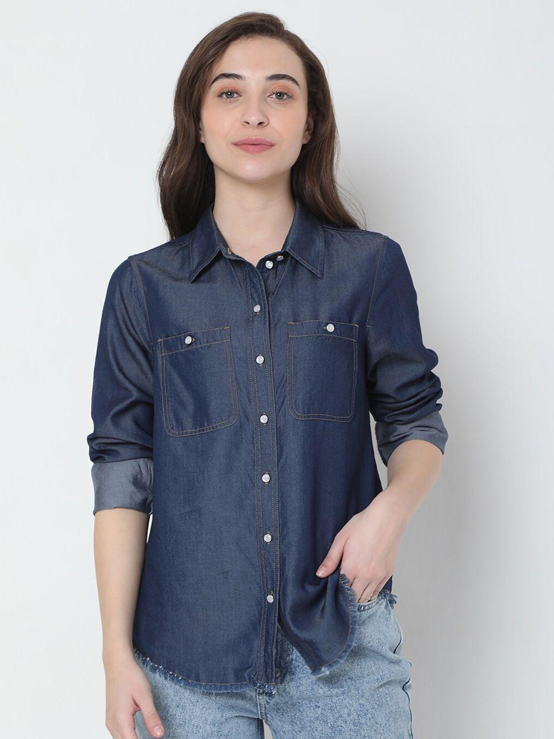 vero moda women blue casual roll up sleeves shirt