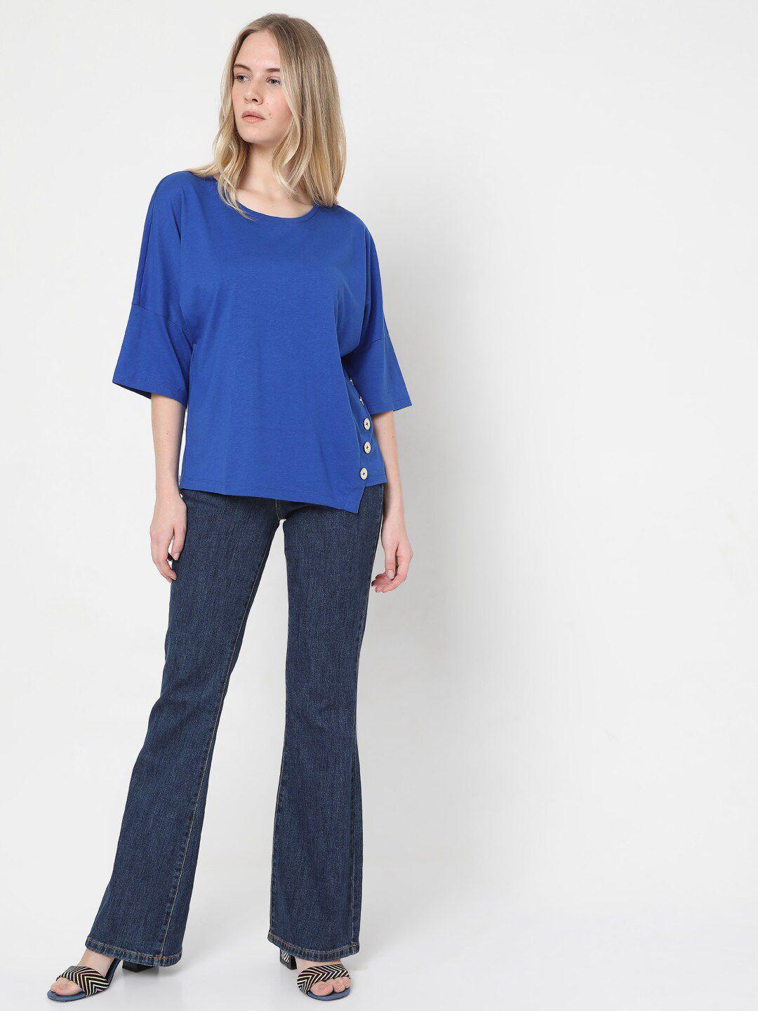 vero moda women blue drop-shoulder sleeves t-shirt