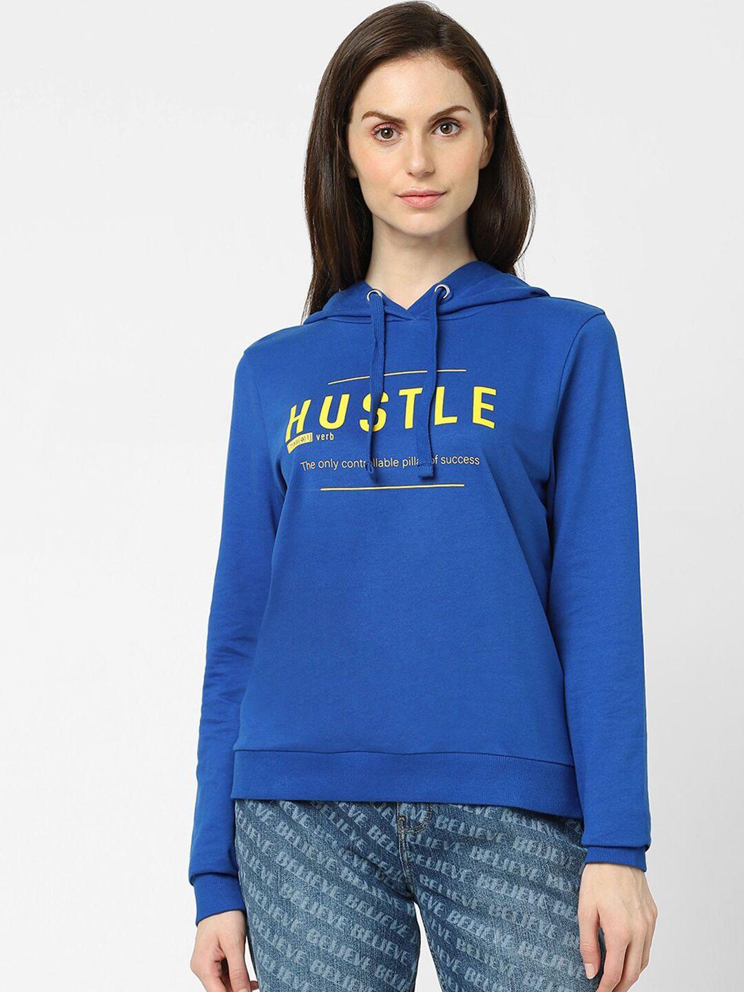 vero moda women blue printed hooded sweatshirt