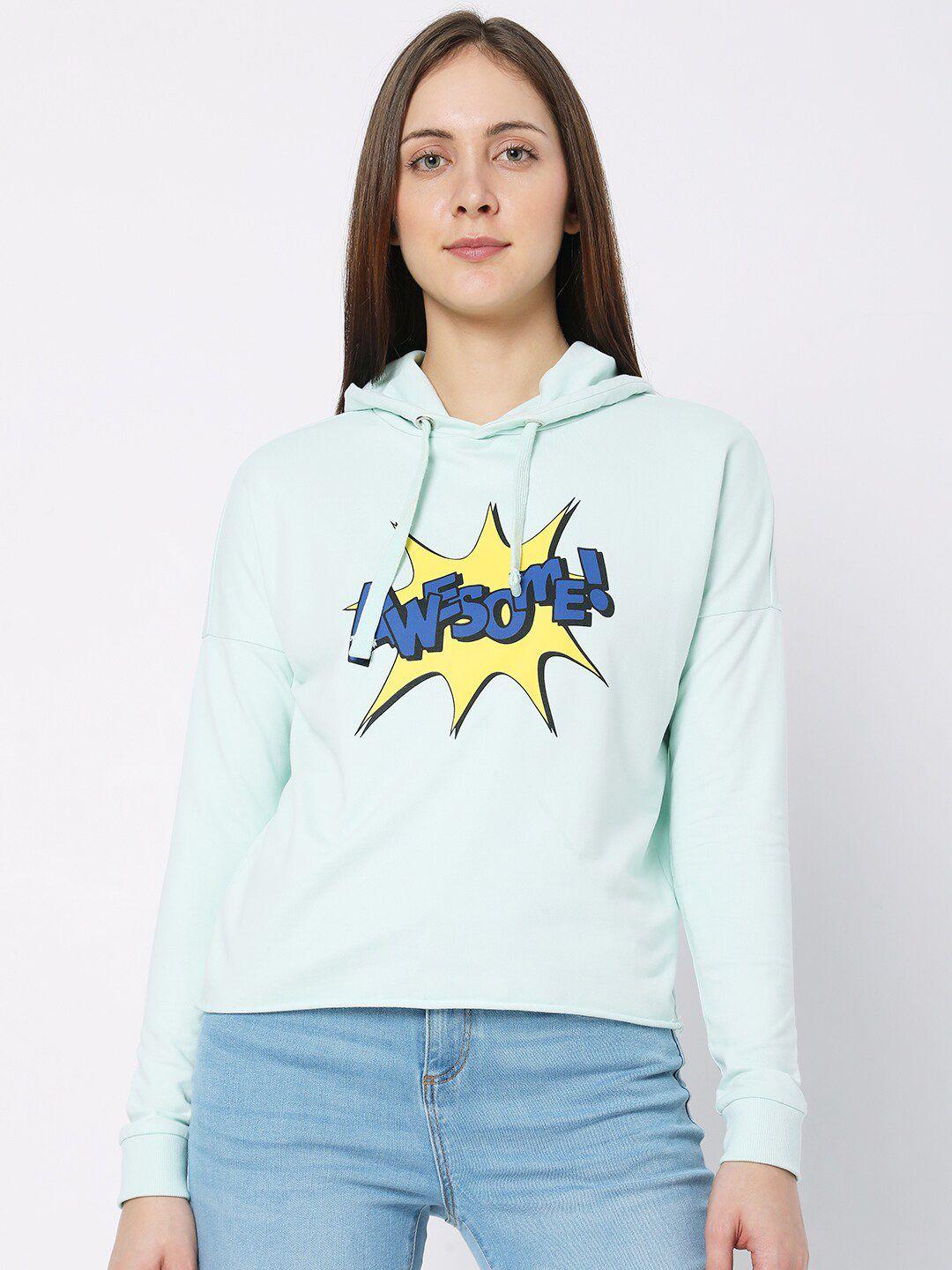 vero moda women blue printed hooded sweatshirt