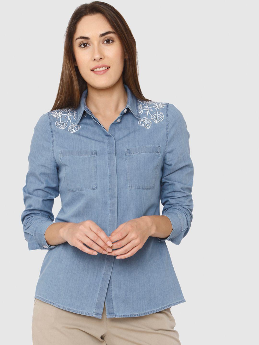 vero moda women blue regular fit solid casual shirt