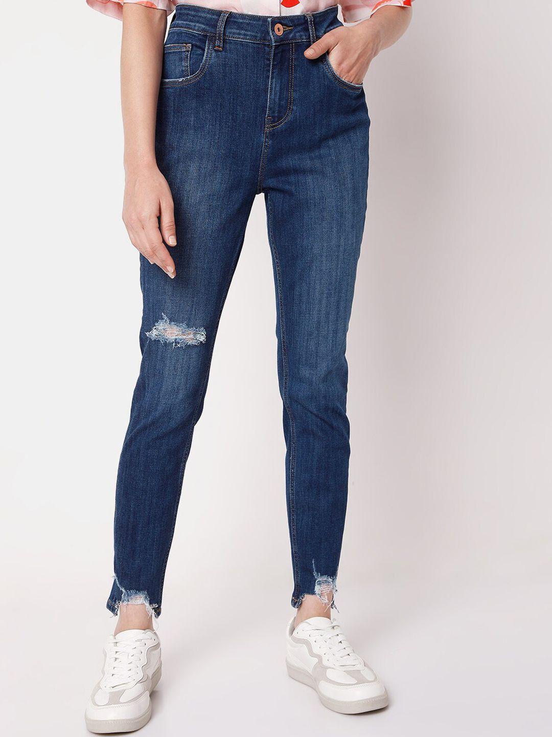 vero moda women blue skinny fit high-rise mildly distressed jeans