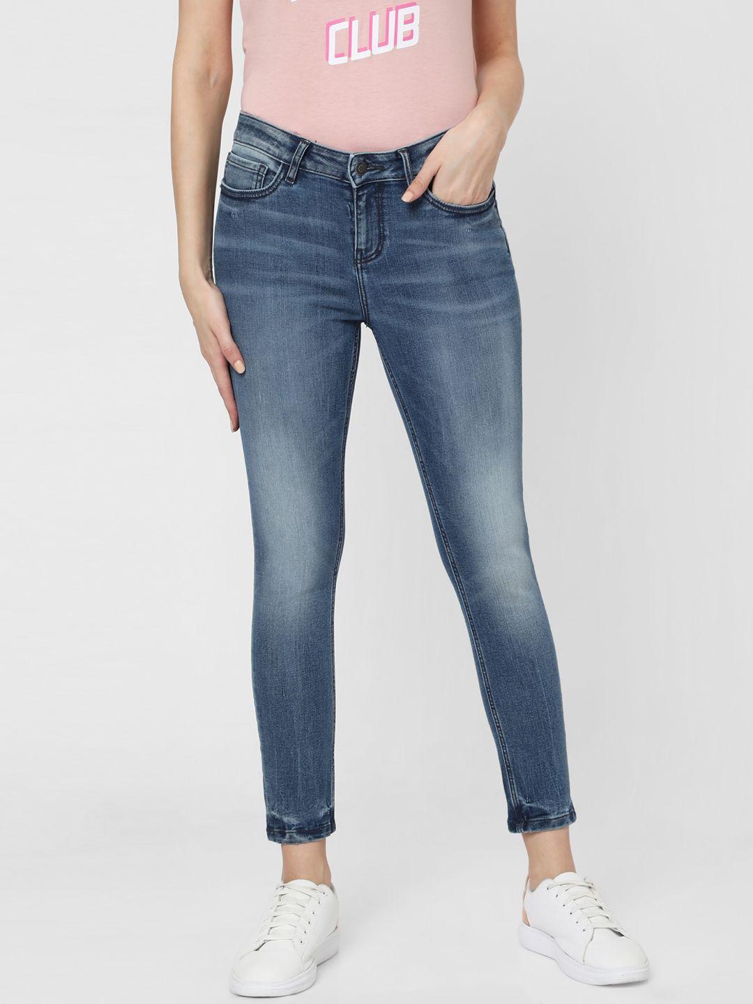 vero moda women blue skinny fit low-rise low distress heavy fade jeans