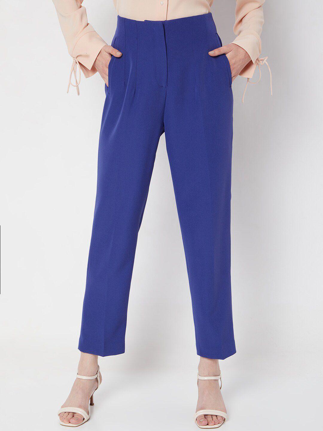 vero moda women blue slim fit high-rise pleated trousers