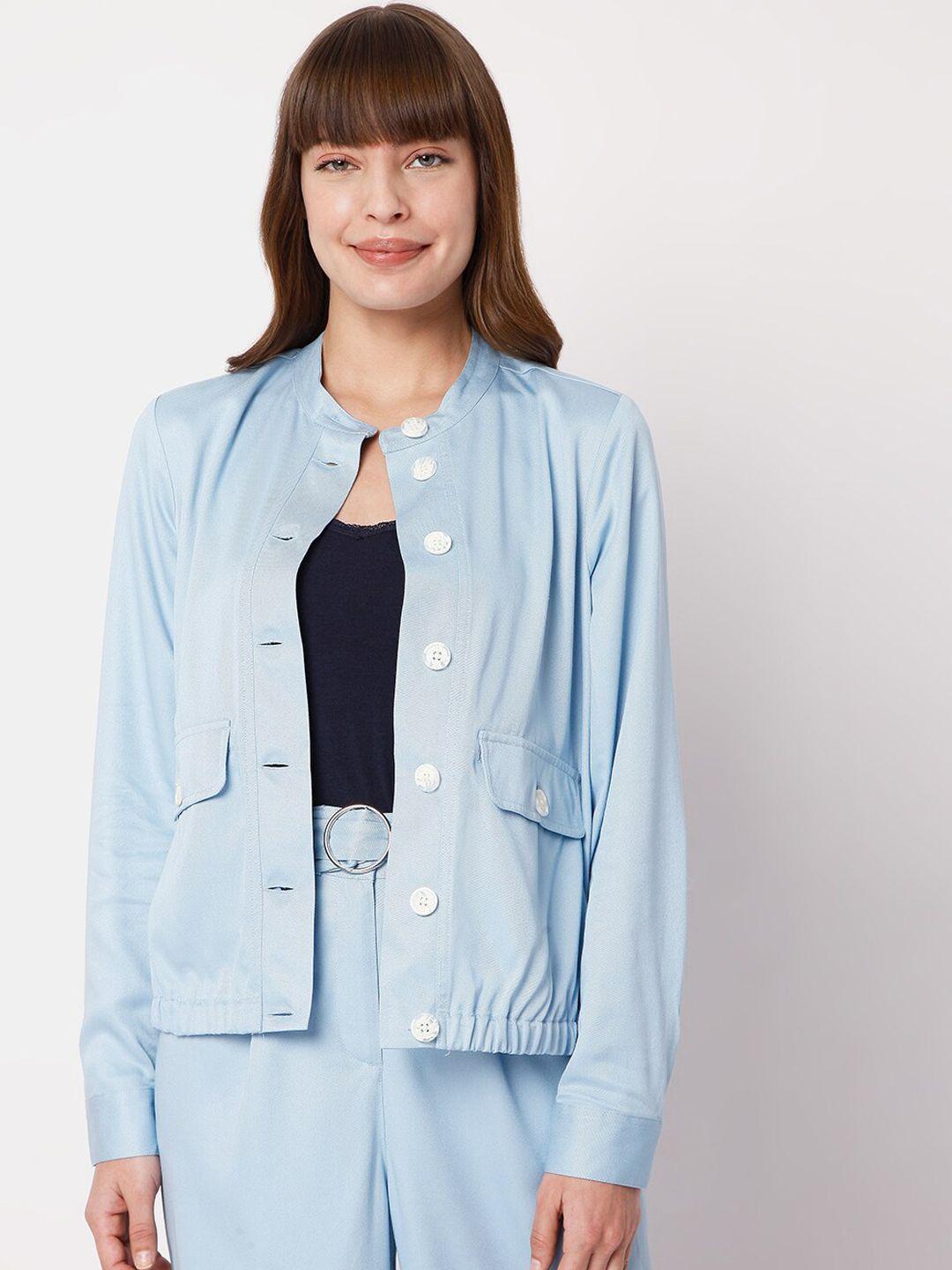 vero moda women blue solid bomber jacket