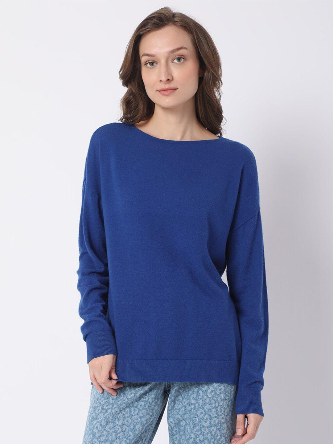 vero moda women blue solid drop shoulder sleeves pullover