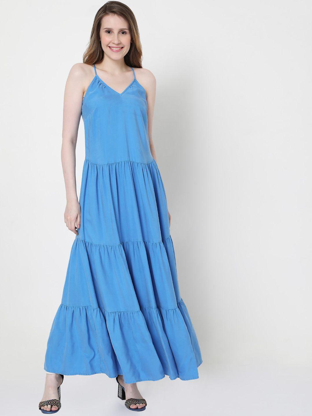 vero moda women blue solid shoulder straps layered maxi dress