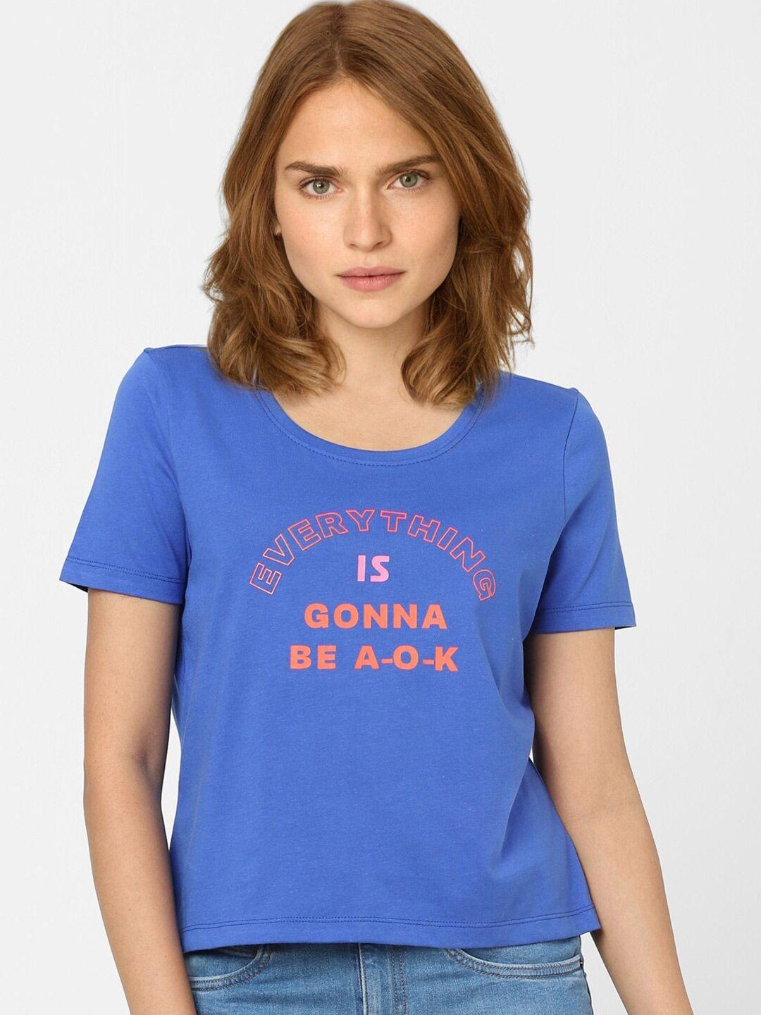 vero moda women blue typography printed cotton t-shirt