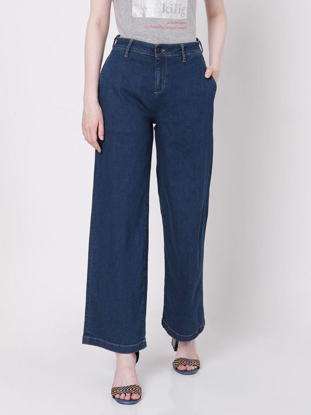 vero moda women blue wide leg high-rise stretchable jeans