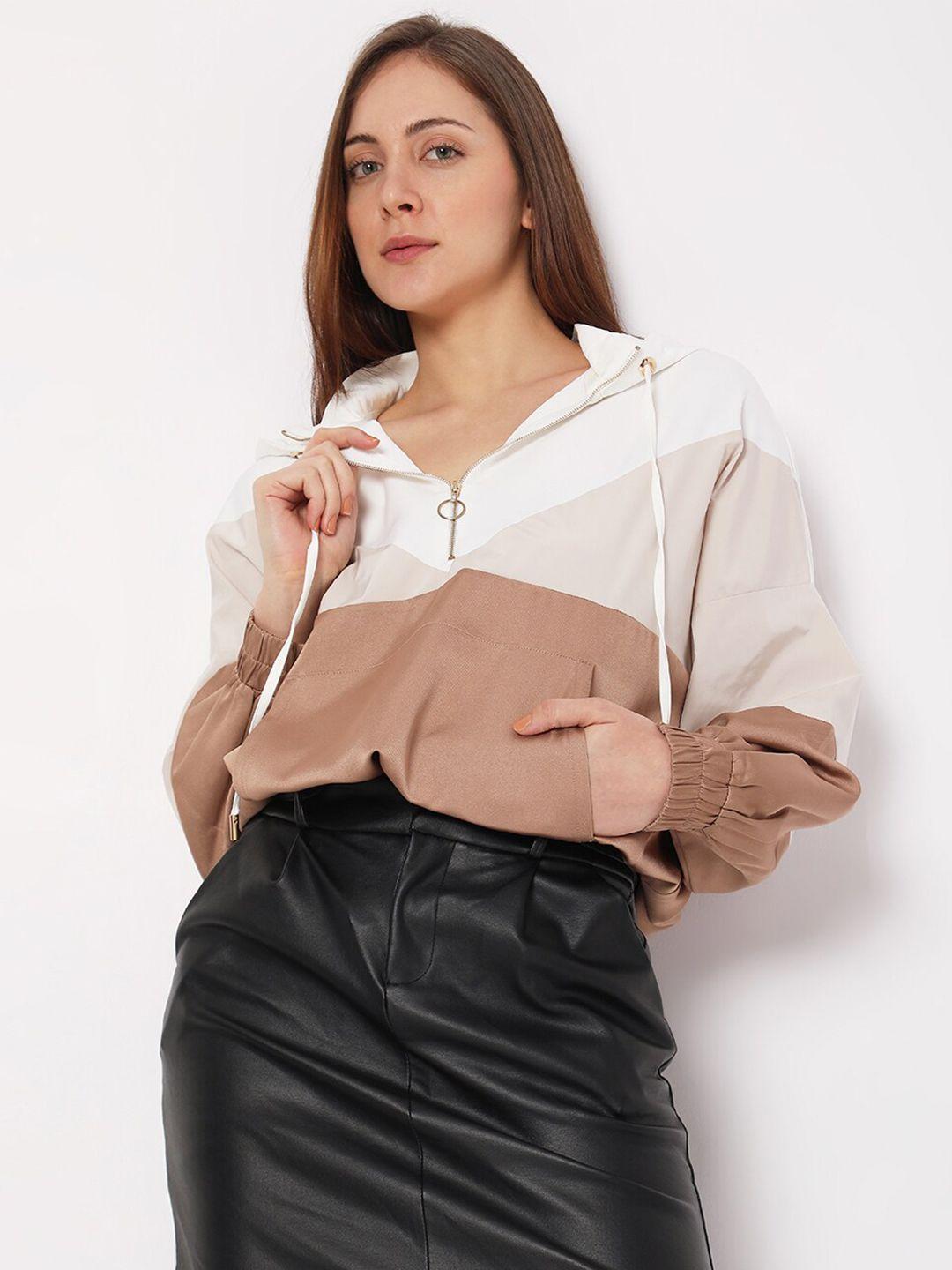 vero moda women brown & cream hooded sweatshirt