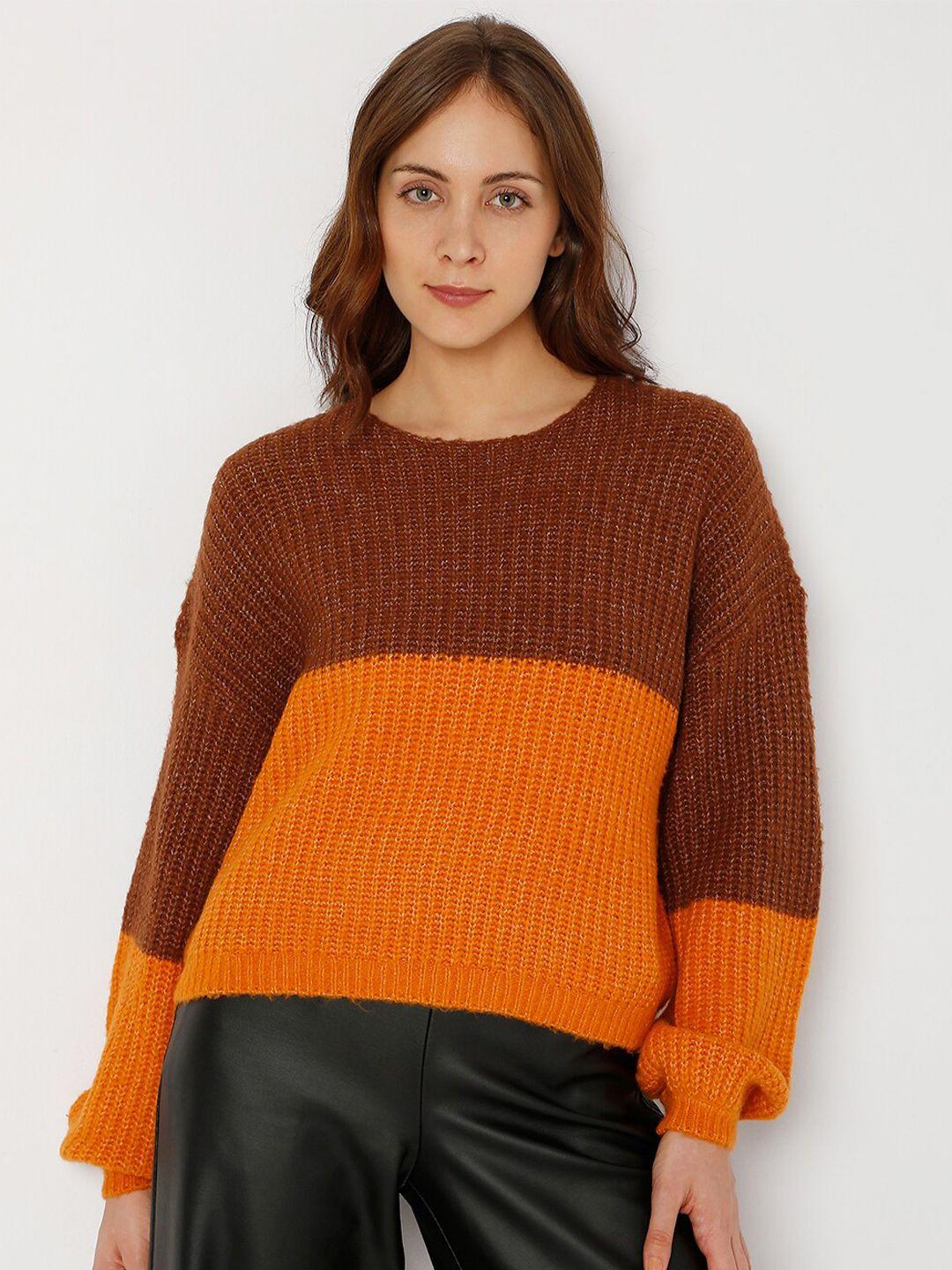 vero moda women brown & orange colourblocked pullover sweater