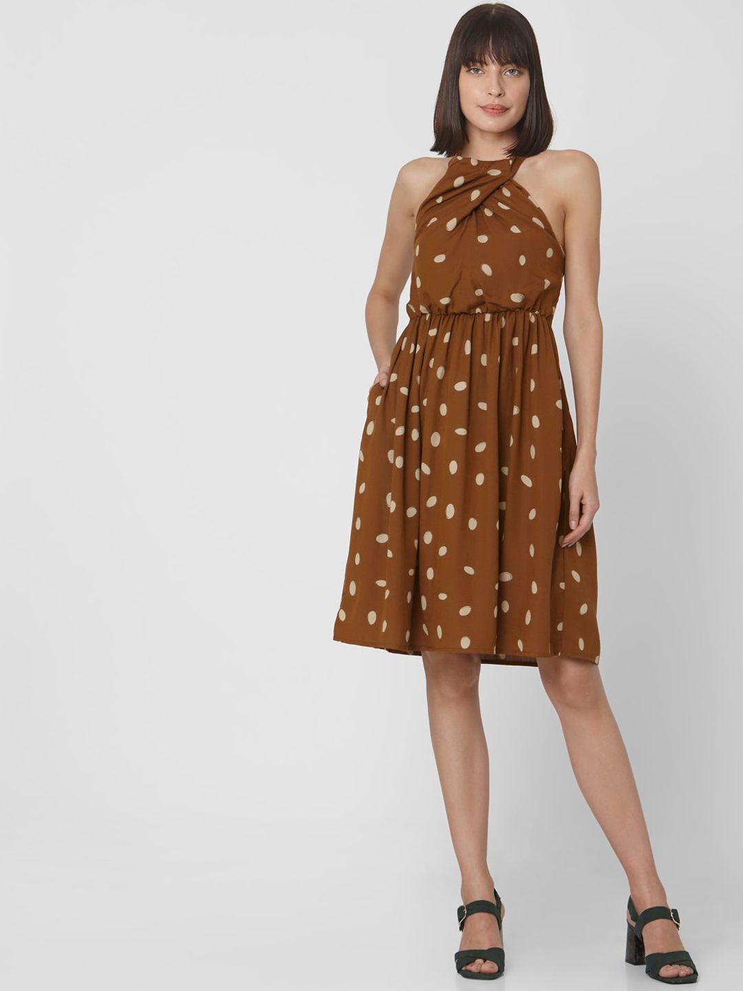 vero moda women brown printed fit and flare dress