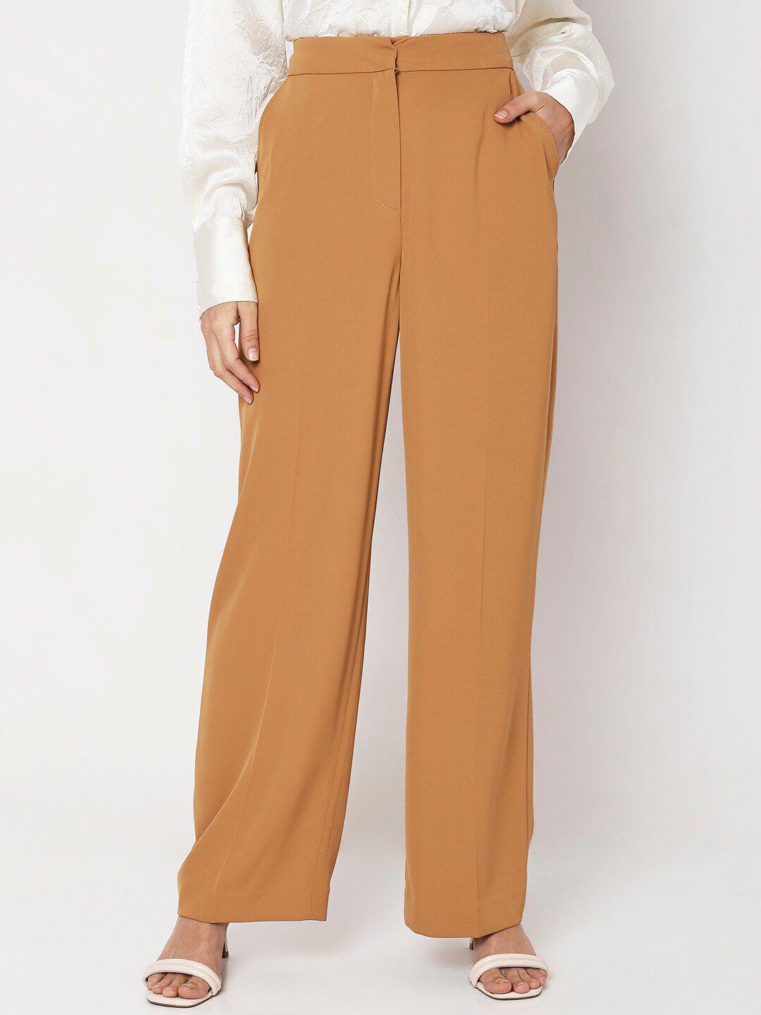 vero moda women brown straight fit high-rise pleated trousers