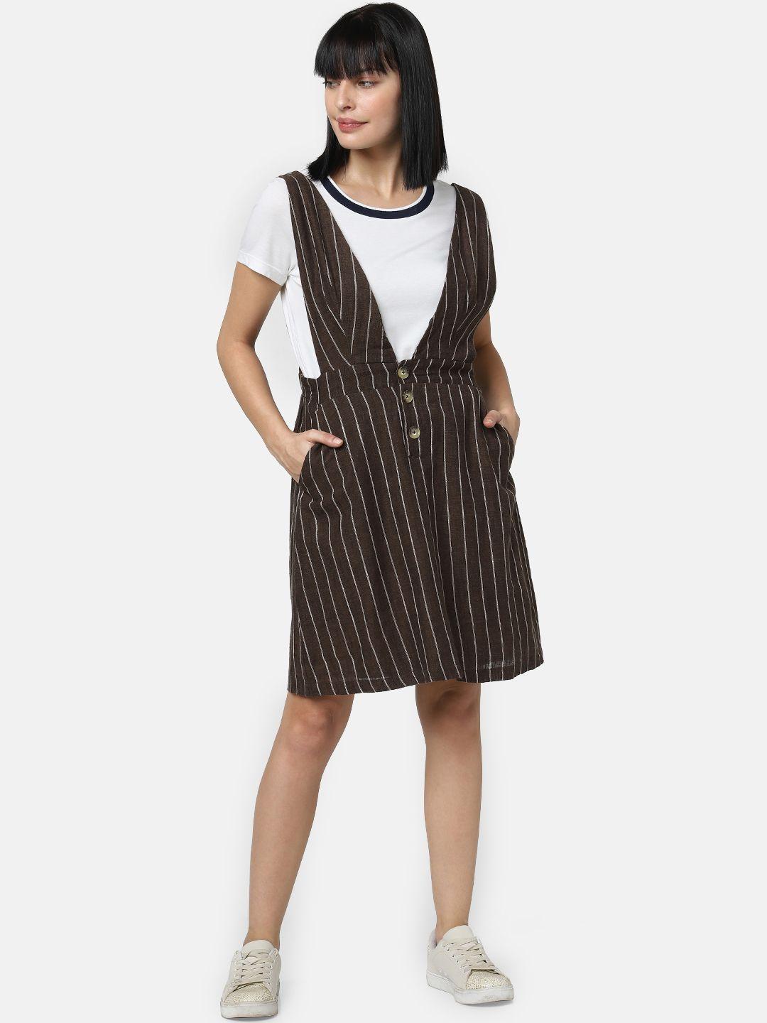 vero moda women coffee brown & white striped pinafore dress