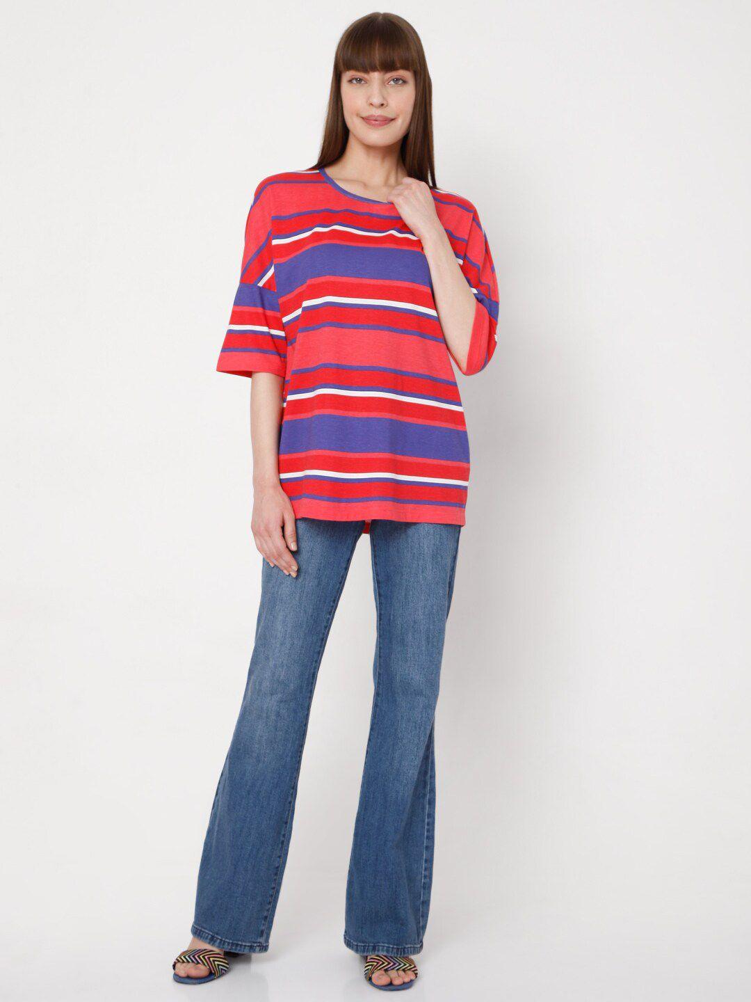 vero moda women coral & blue striped regular fit cotton t-shirt