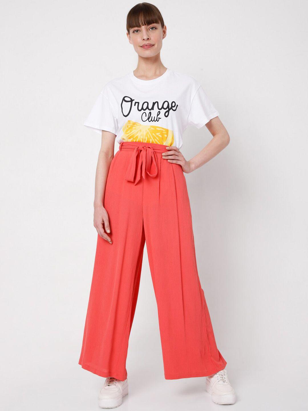 vero moda women coral red flared high-rise trousers