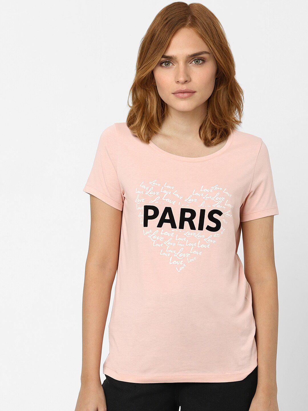 vero moda women coral typography printed cotton t-shirt