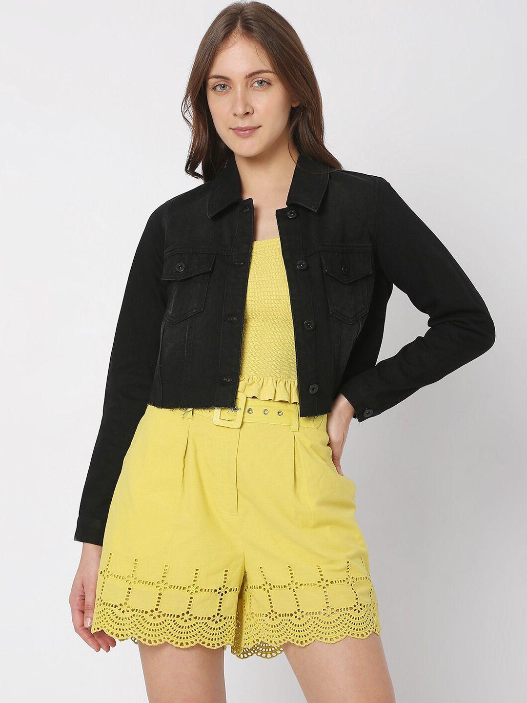 vero moda women cotton long sleeves crop denim jacket