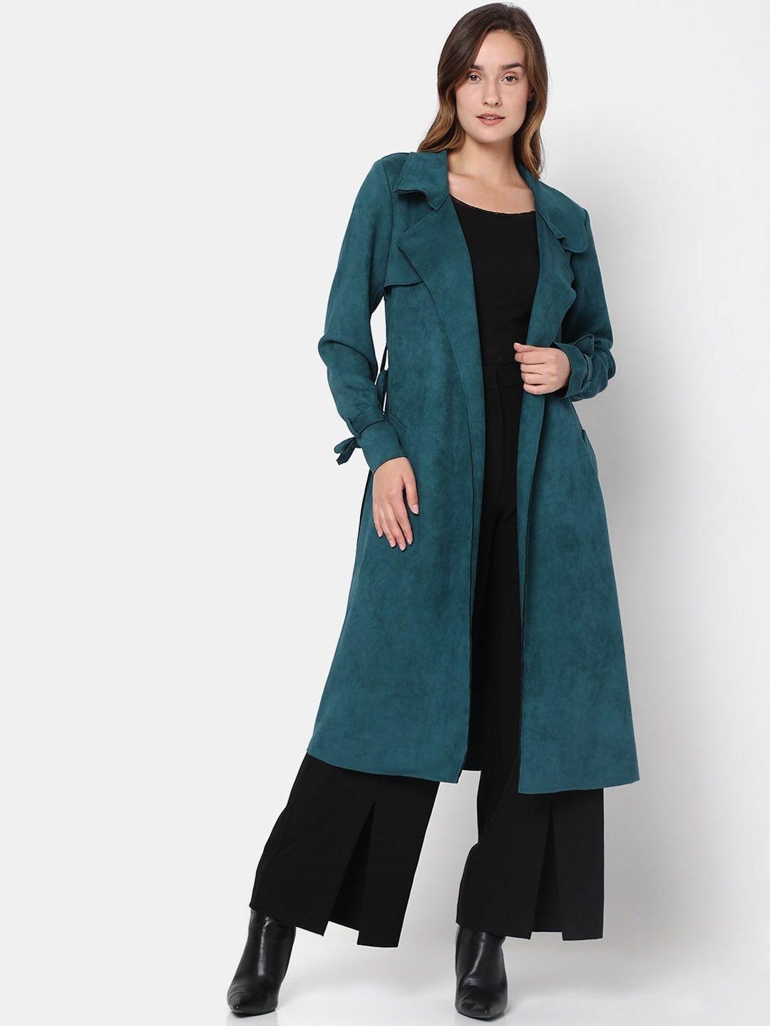 vero moda women deep teal solid long line overcoat