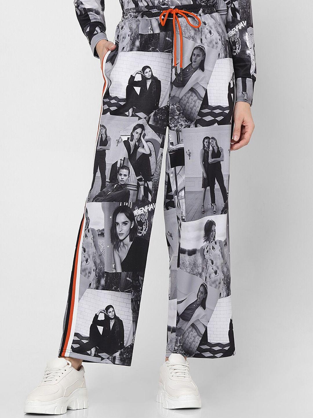 vero moda women graphic printed straight fit high-rise parallel trousers