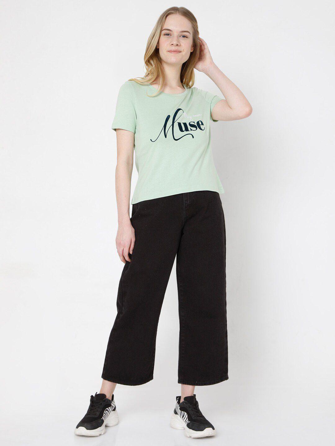 vero moda women green & black printed cotton t-shirt