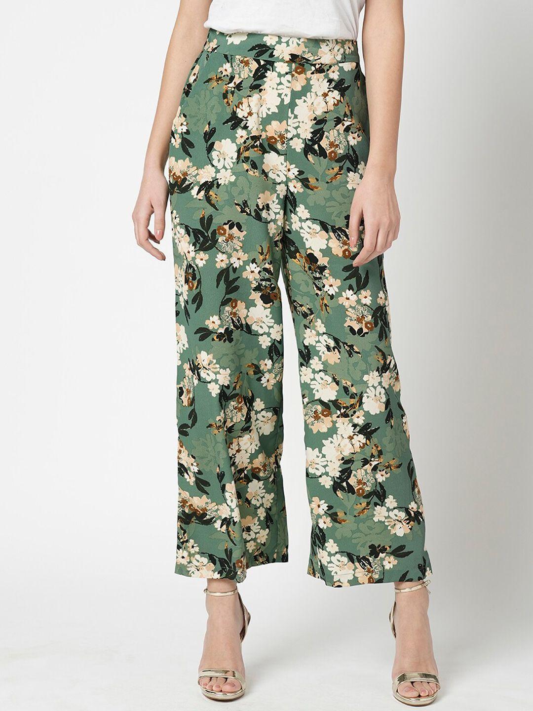 vero moda women green floral printed straight fit high-rise culottes trousers