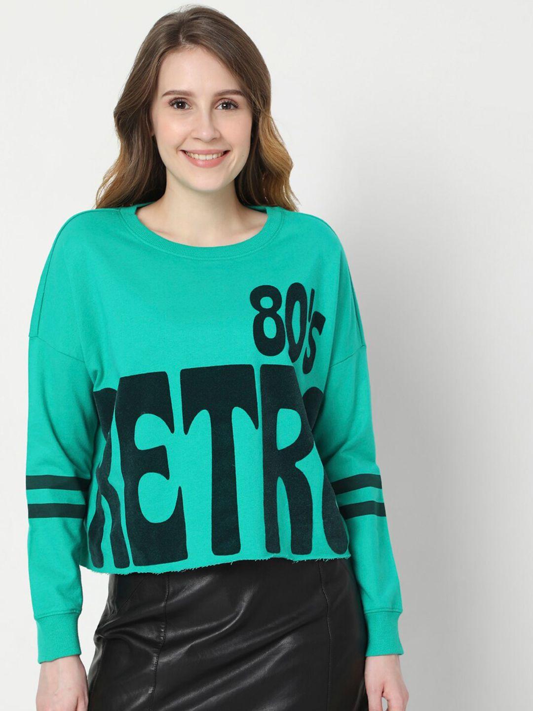 vero moda women green printed cotton sweatshirt