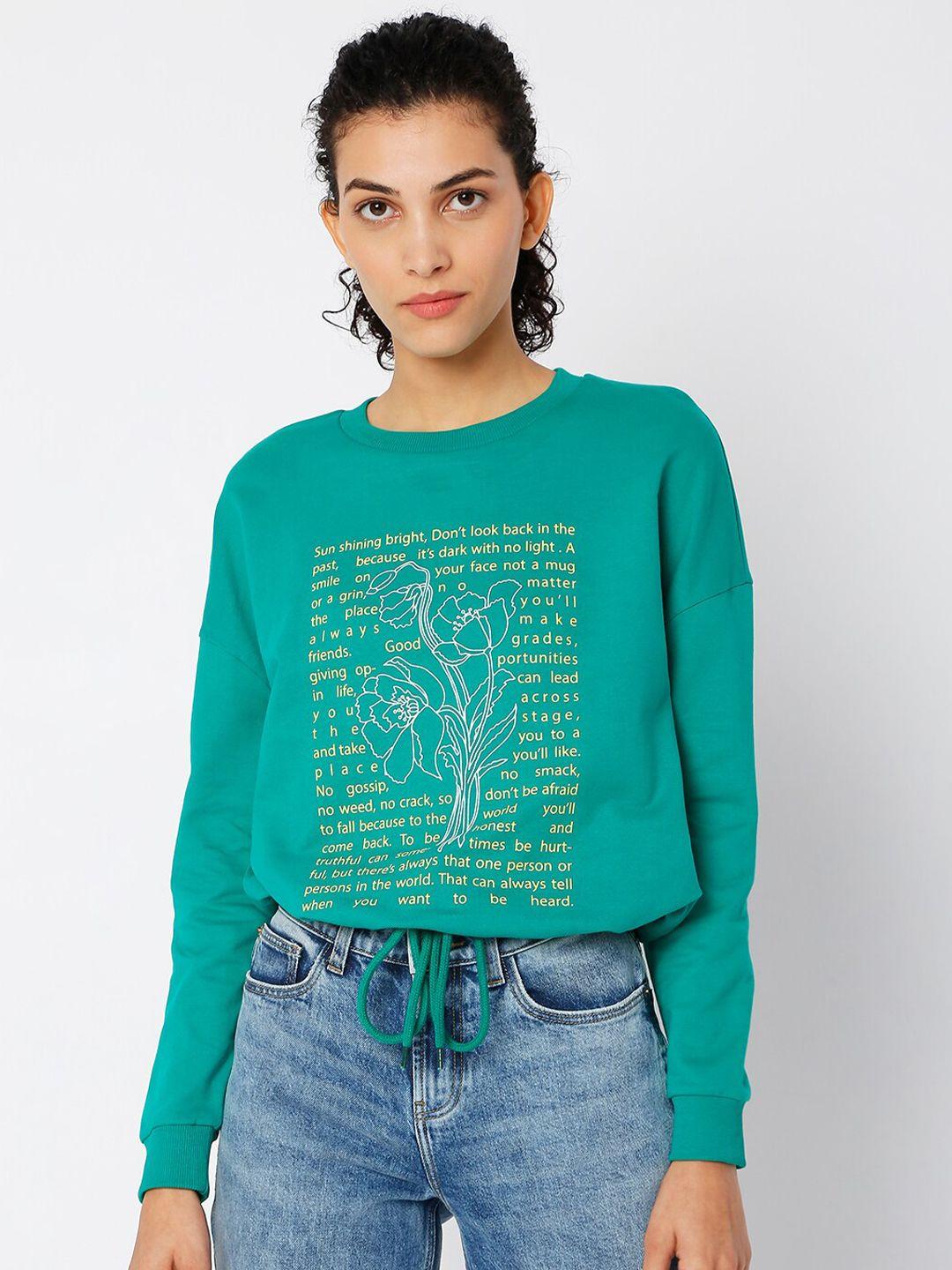 vero moda women green printed cotton sweatshirt