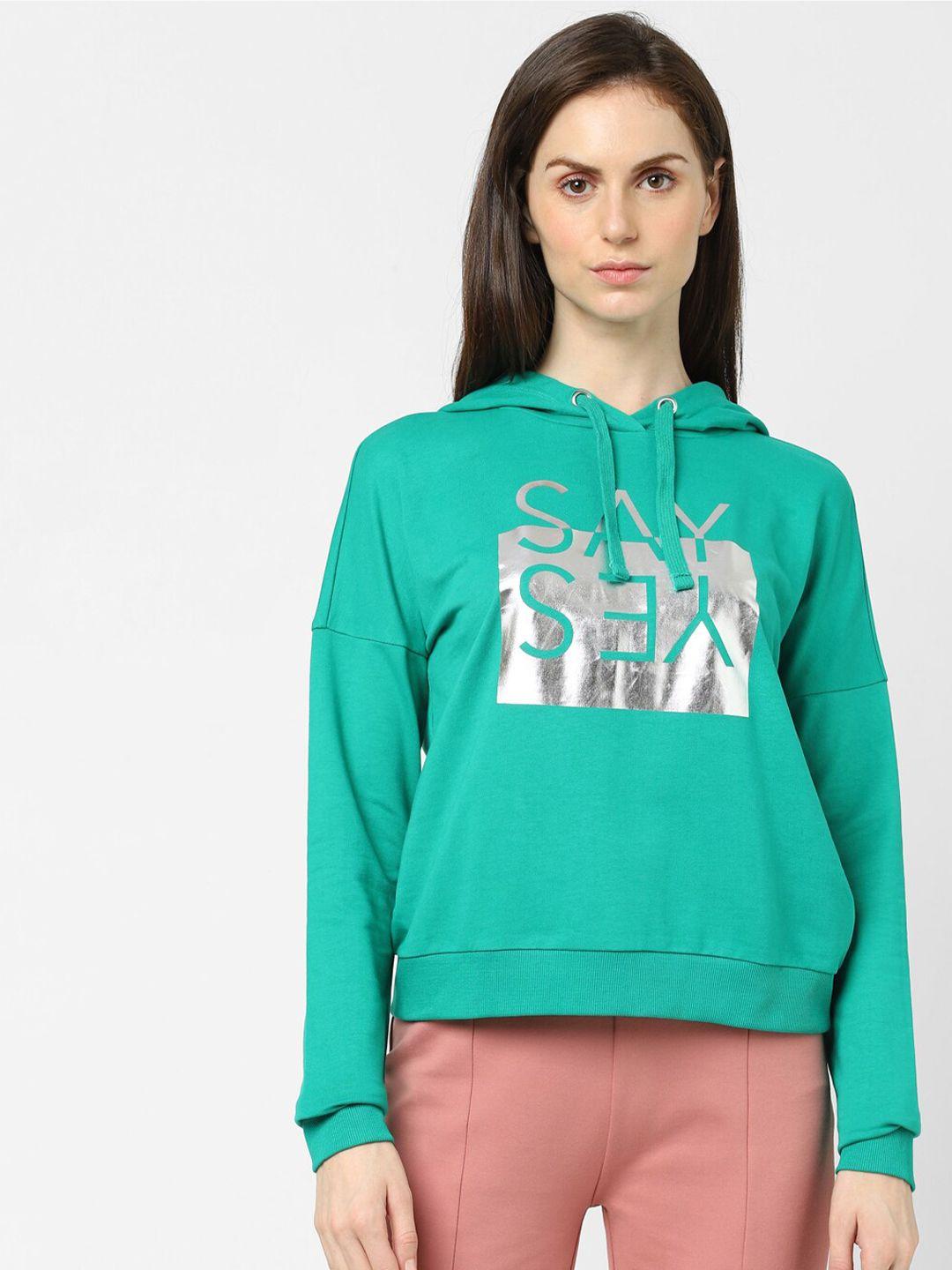 vero moda women green printed hooded sweatshirt