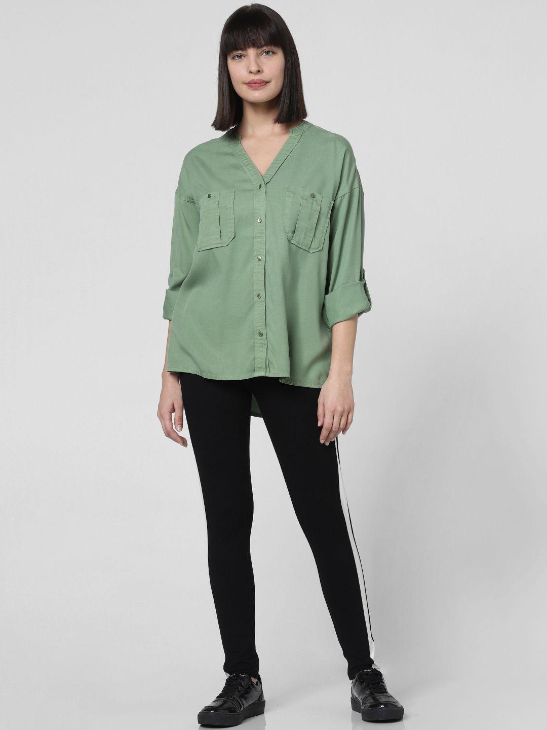 vero moda women green regular fit solid casual shirt