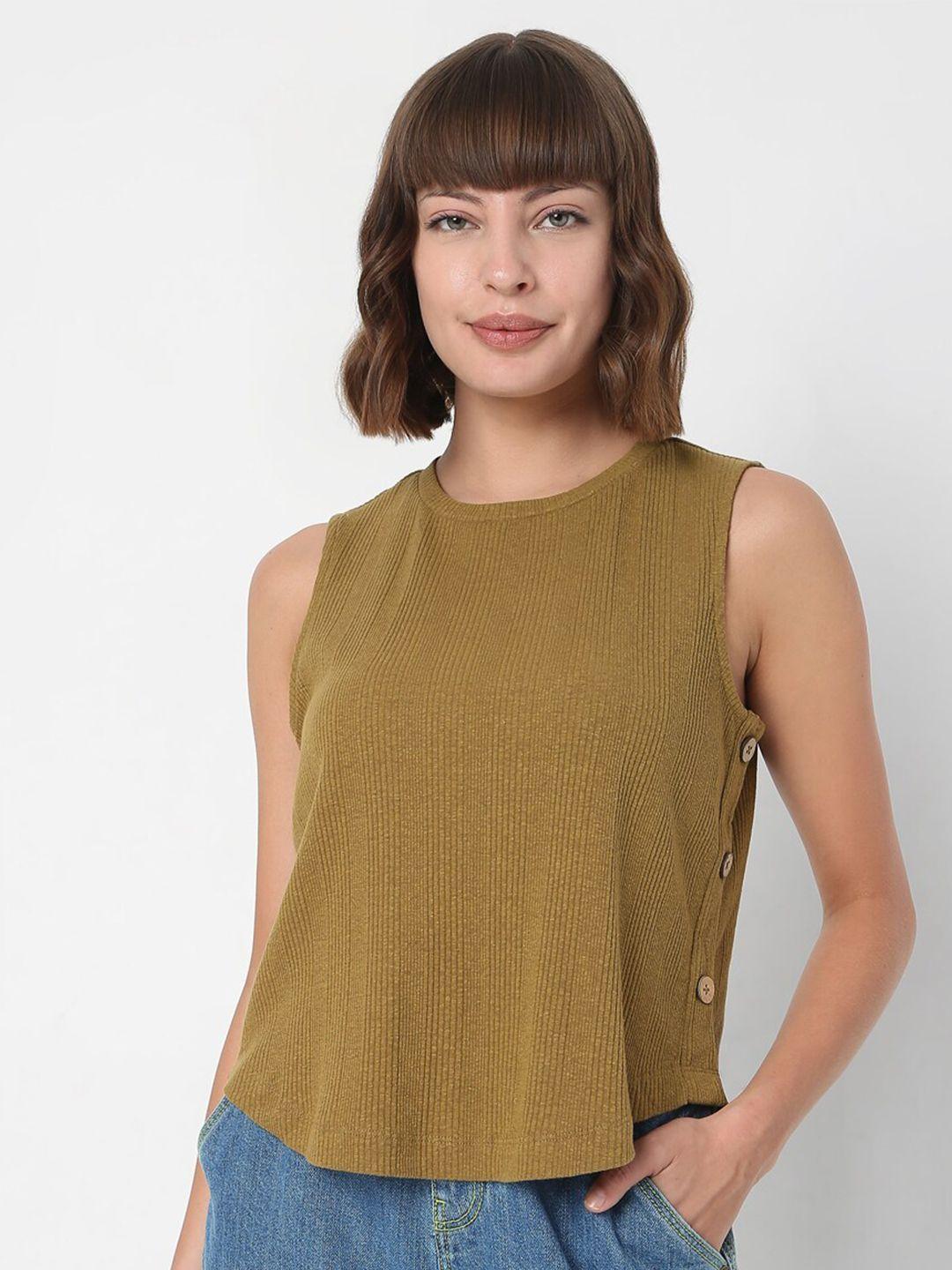 vero moda women green sleeveless self design top