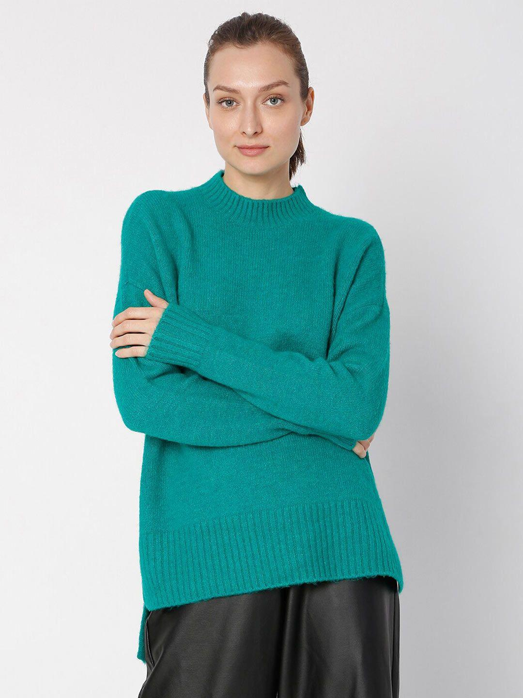 vero moda women green solid acrylic high-low pullover
