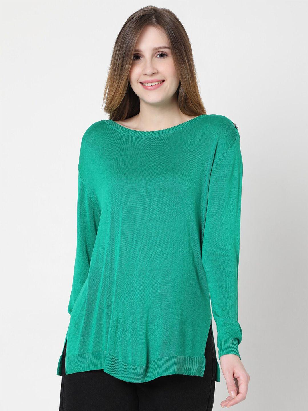 vero moda women green solid pullover with side slits