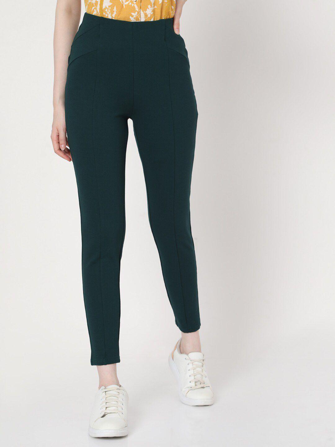 vero moda women green solid skinny-fit treggings