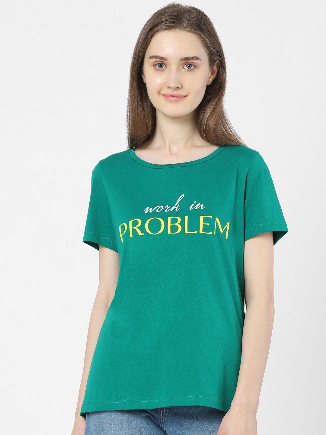 vero moda women green typography printed applique t-shirt